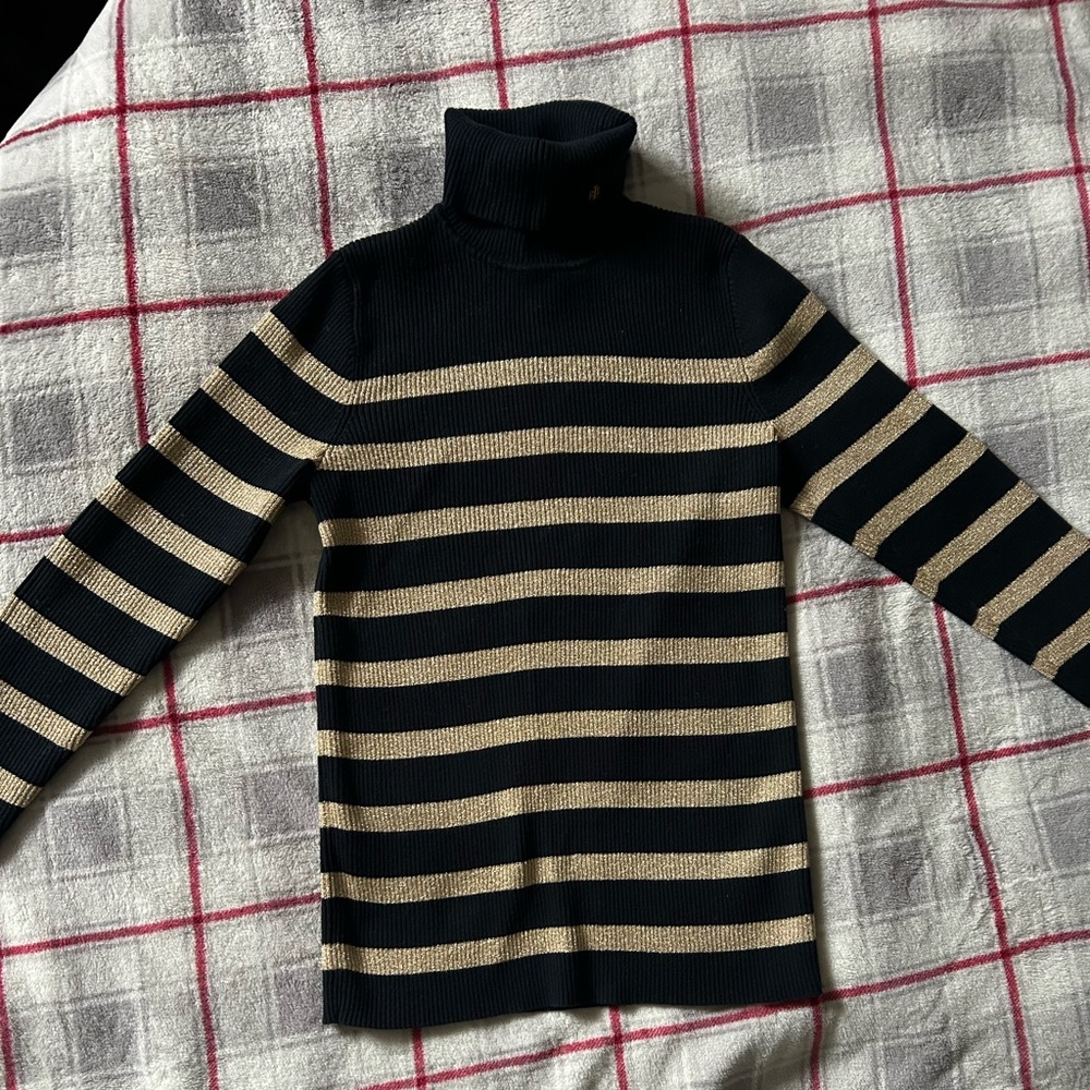 Lauren Ralph Lauren Gold Metallic Stripe Turtleneck S